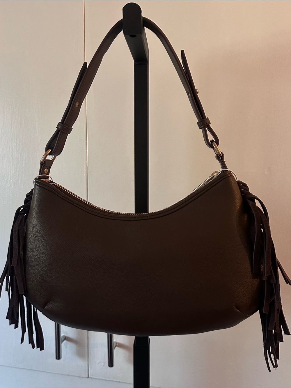 Sam Edelman Calfskin Fringe Shoulder Bag - Brown & White Cowprint - Picture 8 of 8